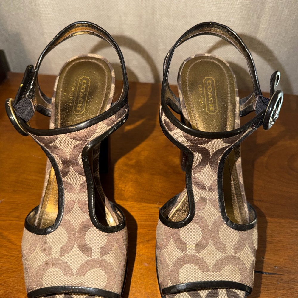 Coach Signature Pattern Tan and Brown Heels - Picture 3 of 4